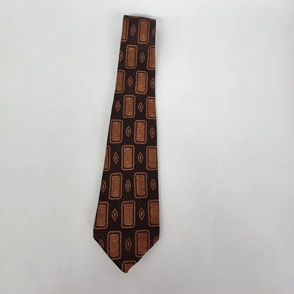 VINTAGE 60s 70s Majestic Acetate Brown Geometric Block Tie Wrinkleproof France